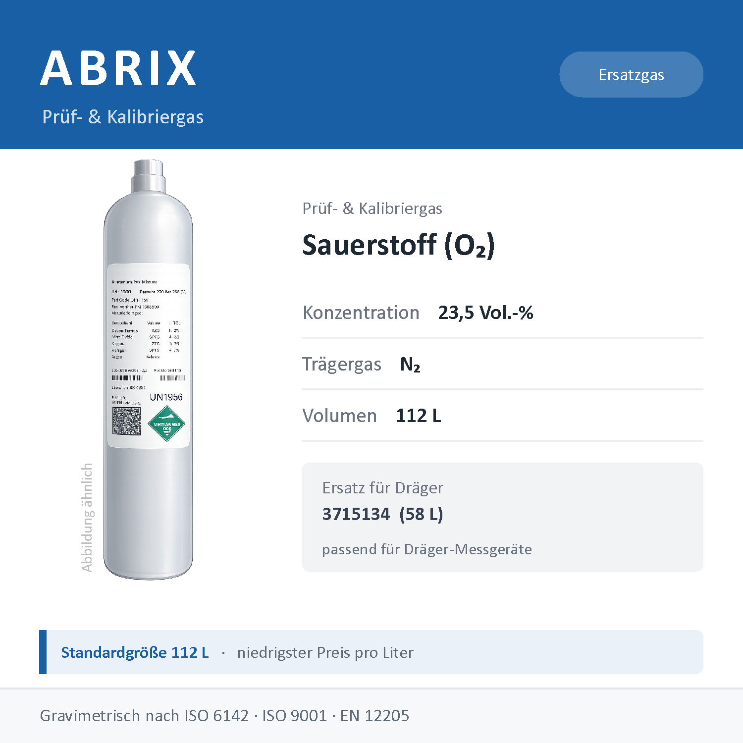 Prüfgas/Kalibriergas Sauerstoff (O2) in N2, 112 L, geeignet für Dräger Gaswarngeräte (23,5 Vol.-%)