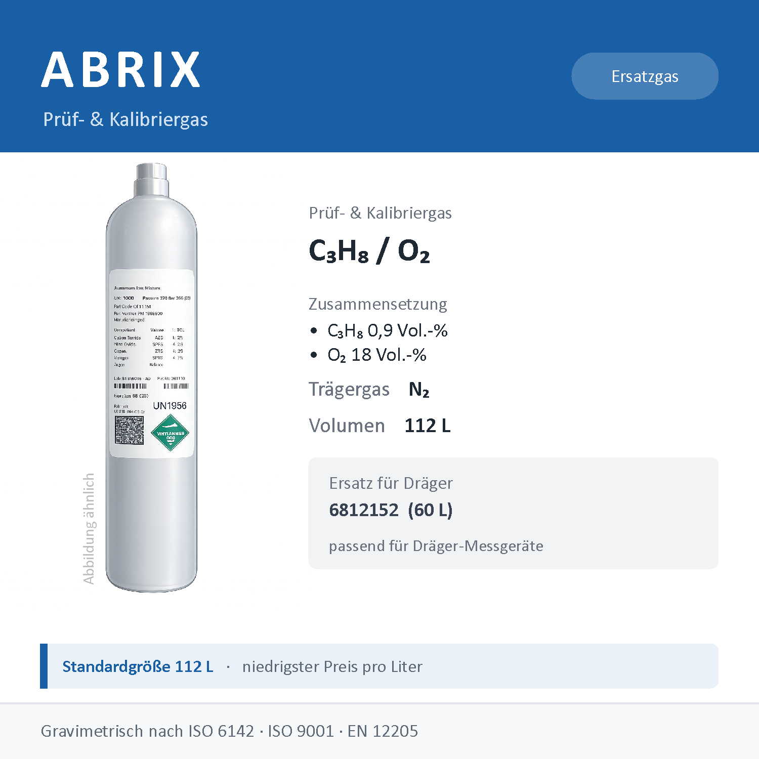 Prüfgas/Kalibriergas C3H8 0,9 Vol.-% / O2 18 Vol.-% in N2, 112 L, geeignet für Dräger Gaswarngeräte