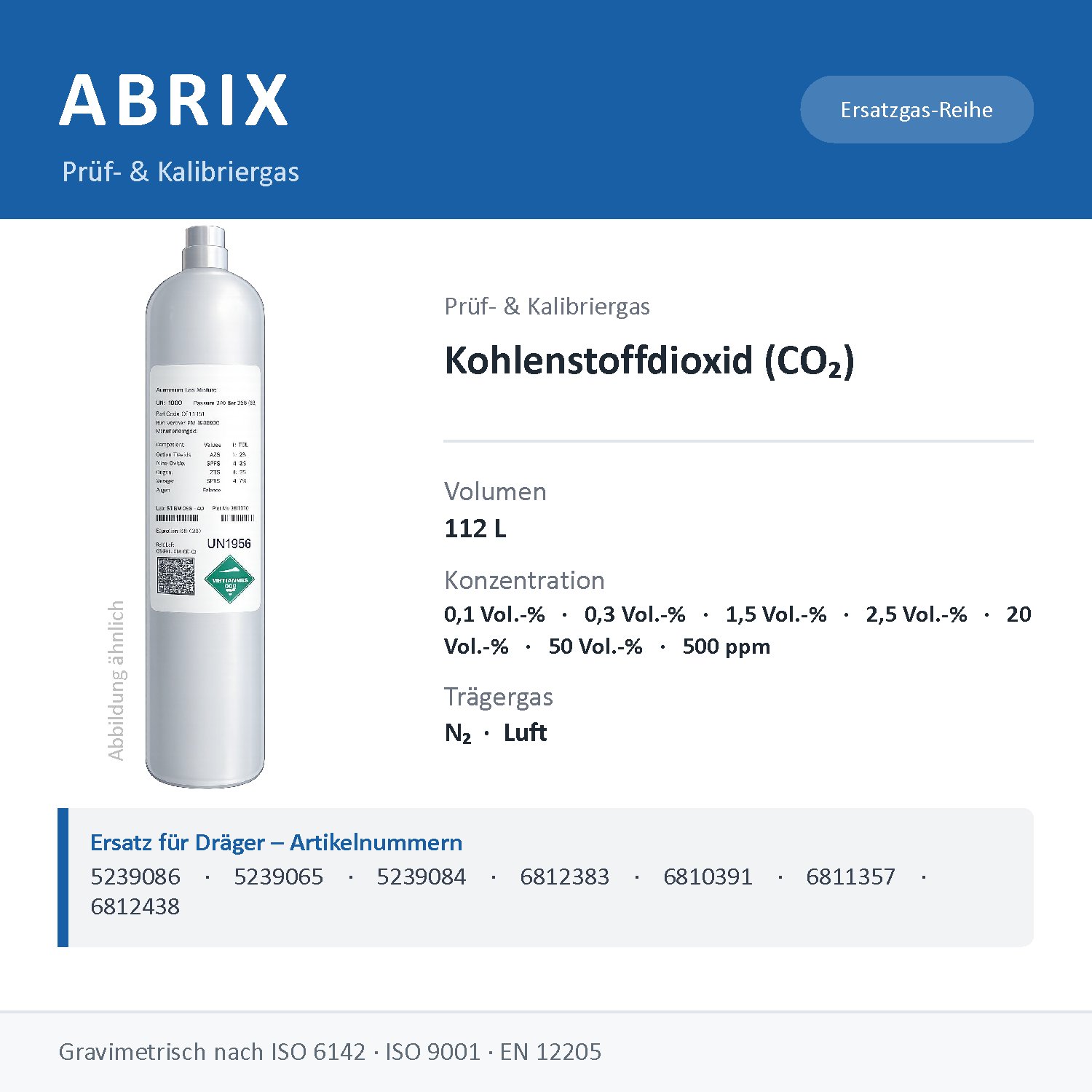 Prüfgas/Kalibriergas Kohlenstoffdioxid (CO2), 112 L, geeignet für Dräger Gaswarngeräte