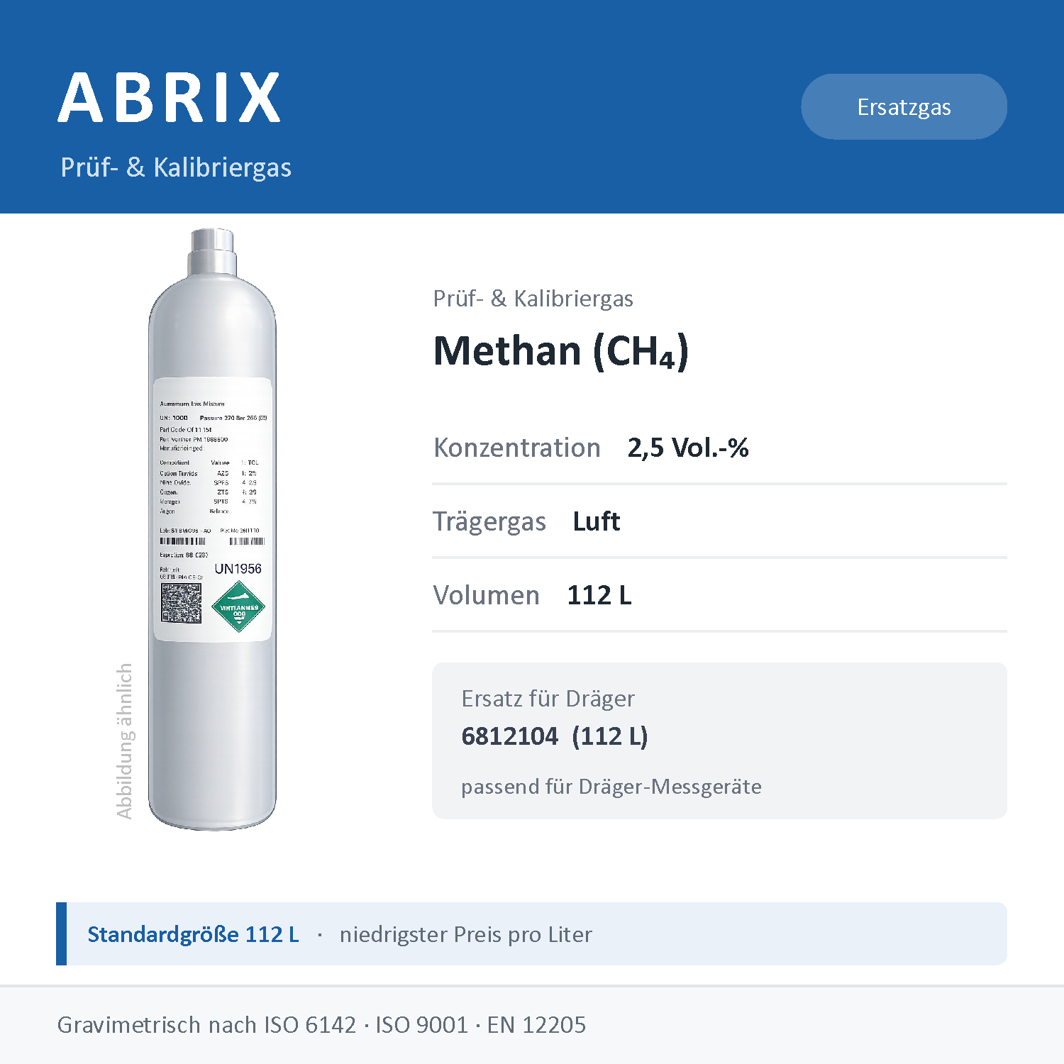 Prüfgas/Kalibriergas Methan (CH4), 112 L, geeignet für Dräger Gaswarngeräte (2,5 Vol.-% in Luft)