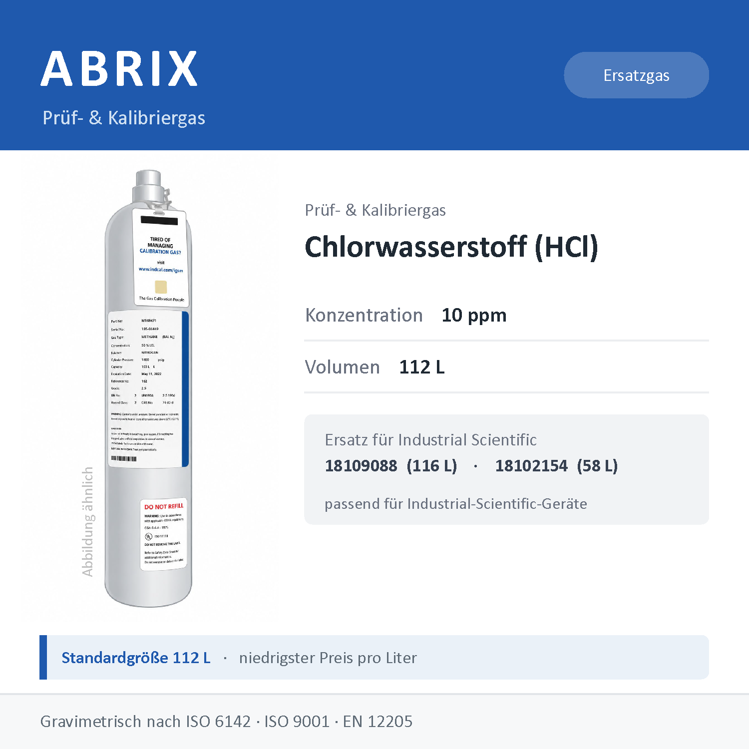 Prüfgas/Kalibriergas Chlorwasserstoff (HCl) 10 ppm, 112 L, geeignet für Industrial-Scientific-Geräte