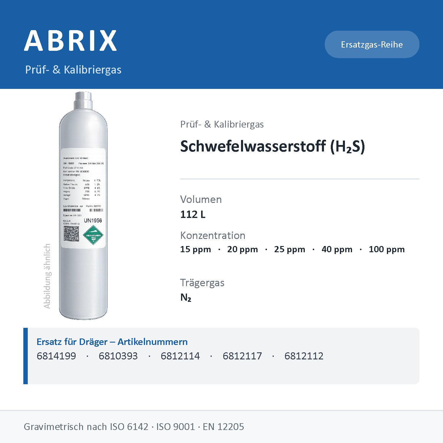 Prüfgas/Kalibriergas Schwefelwasserstoff (H2S) in N2, 112 L, geeignet für Dräger Gaswarngeräte