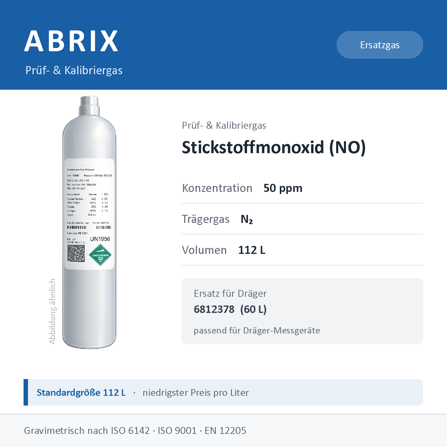 Prüfgas/Kalibriergas Stickstoffmonoxid (NO) in N2, 112 L, geeignet für Dräger Gaswarngeräte (50 ppm)