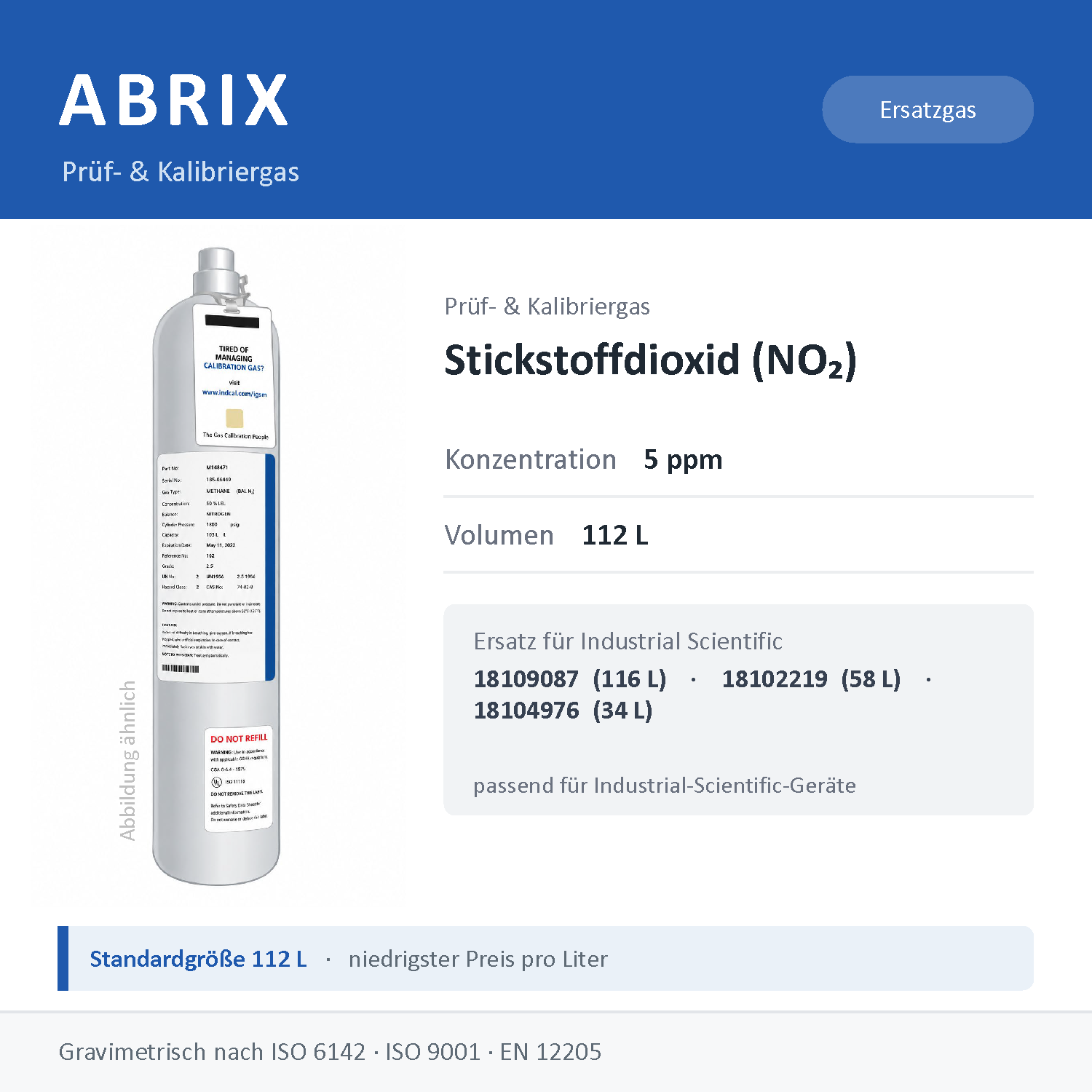 Prüfgas/Kalibriergas Stickstoffdioxid (NO2), 112 L, geeignet für Industrial-Scientific-Geräte (5 ppm)