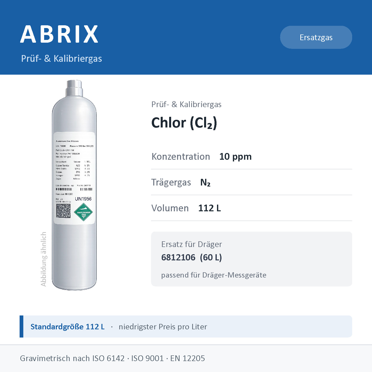 Prüfgas/Kalibriergas Chlor (Cl2) in N2, 112 L, geeignet für Dräger Gaswarngeräte (10 ppm)