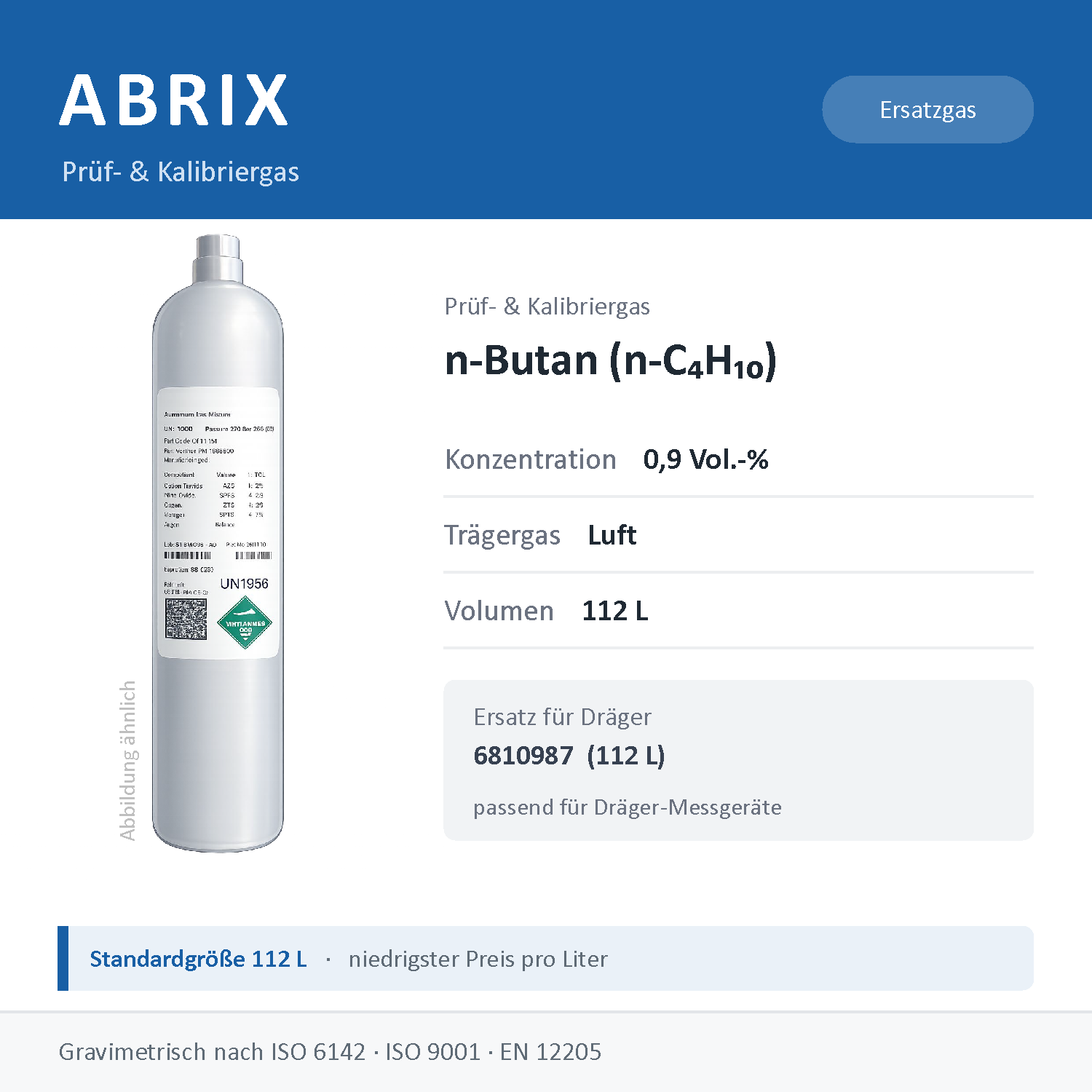 Prüfgas/Kalibriergas n-Butan (n-C4H10), 112 L, geeignet für Dräger Gaswarngeräte (0,9 Vol.-% in Luft)