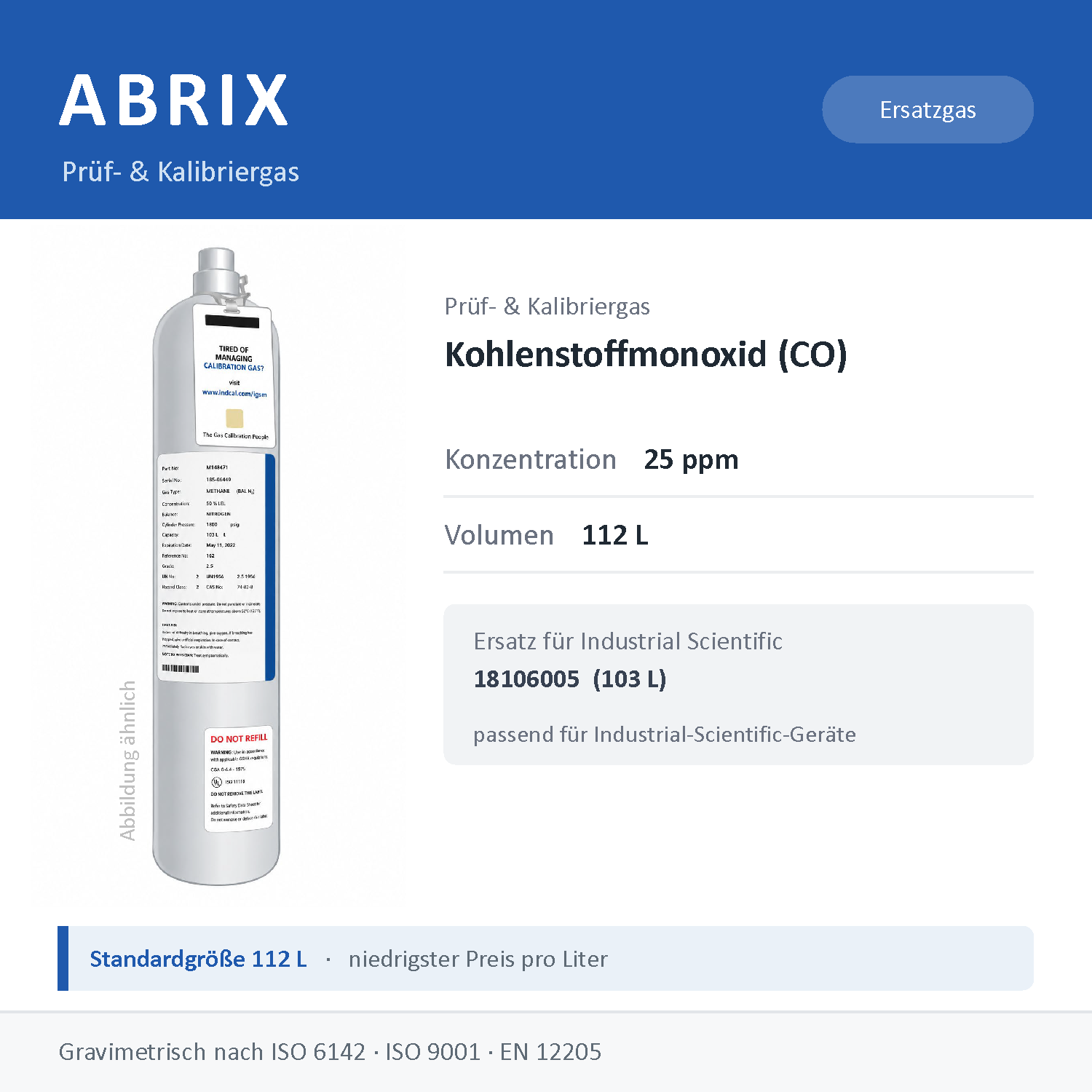Prüfgas/Kalibriergas Kohlenstoffmonoxid (CO), 112 L, geeignet für Industrial-Scientific-Geräte (25 ppm)