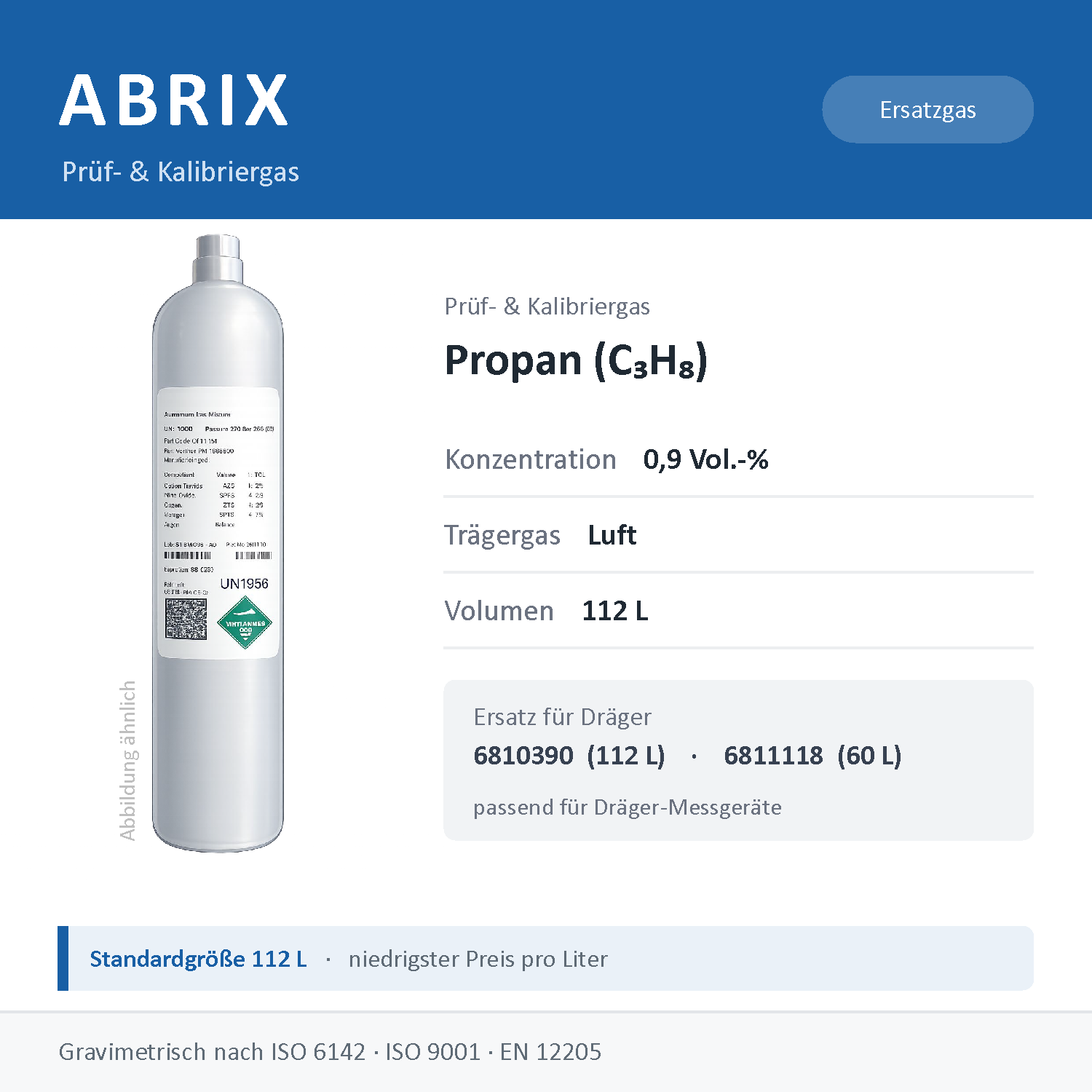 Prüfgas/Kalibriergas Propan (C3H8), 112 L, geeignet für Dräger Gaswarngeräte (0,9 Vol.-% in Luft)