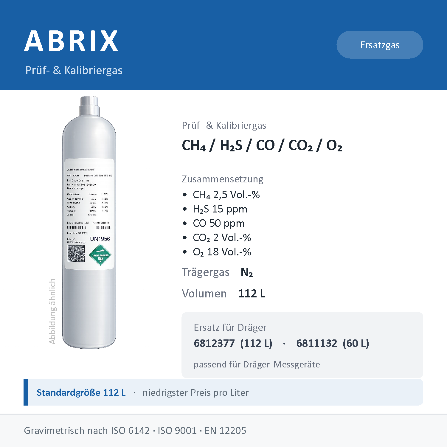 Prüfgas/Kalibriergas CH4 2,5 Vol.-% / H2S 15 ppm / CO 50 ppm / CO2 2 Vol.-% / O2 18 Vol.-% in N2, 112 L, geeignet für Dräger Gaswarngeräte