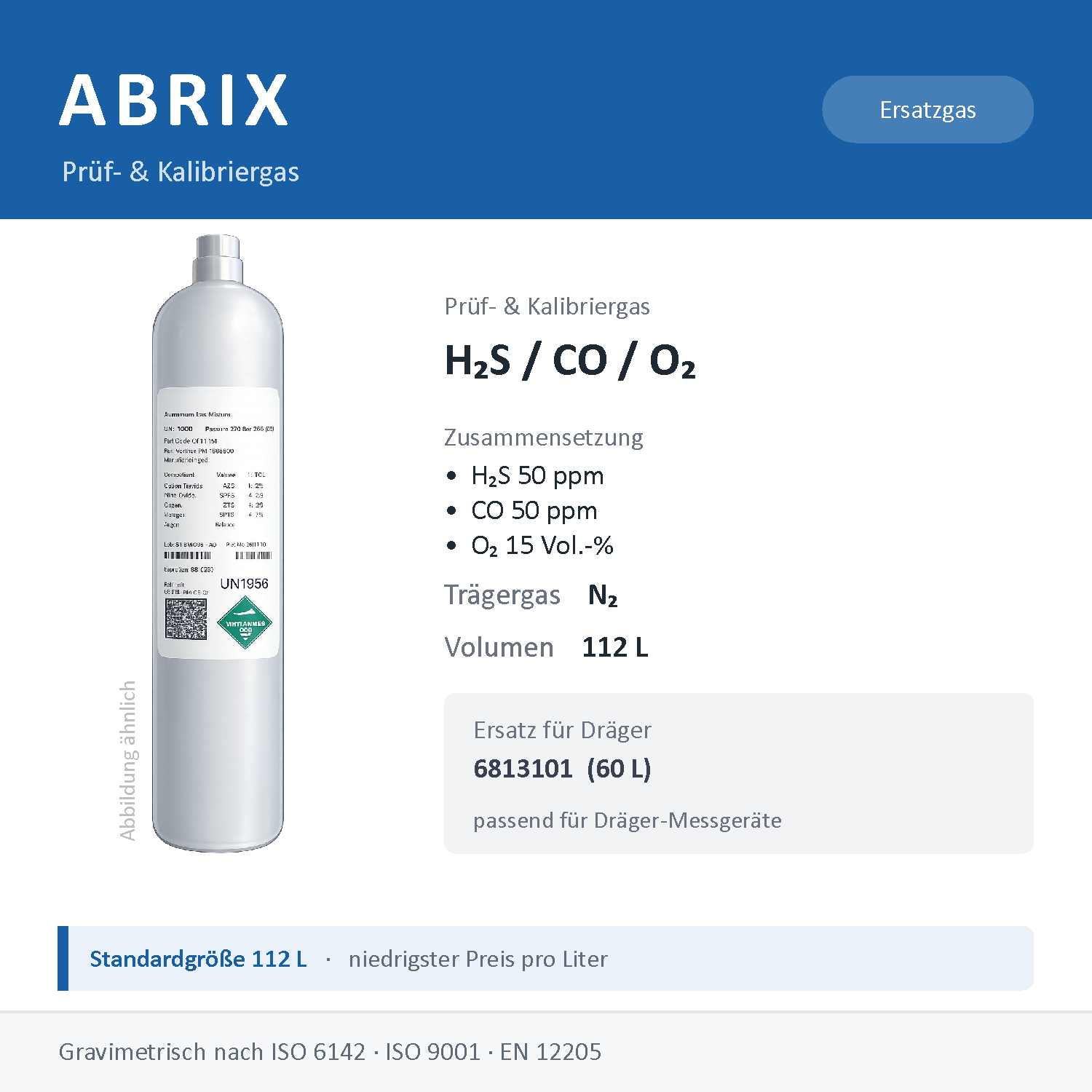 Prüfgas/Kalibriergas H2S 50 ppm / CO 50 ppm / O2 15 Vol.-% in N2, 112 L, geeignet für Dräger Gaswarngeräte