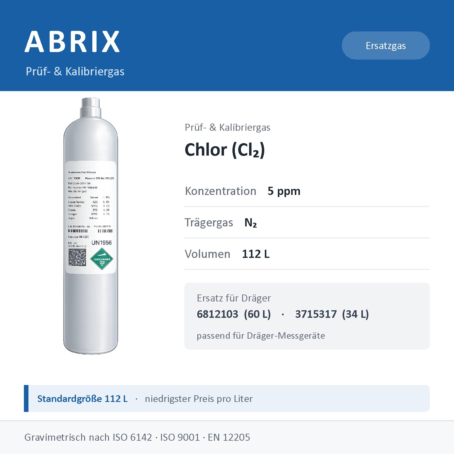 Prüfgas/Kalibriergas Chlor (Cl2) in N2, 112 L, geeignet für Dräger Gaswarngeräte (5 ppm)