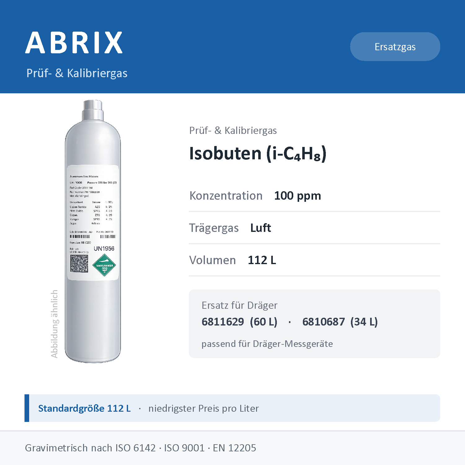 Prüfgas/Kalibriergas Isobuten (i-C4H8) in Luft, 112 L, geeignet für Dräger Gaswarngeräte (100 ppm)