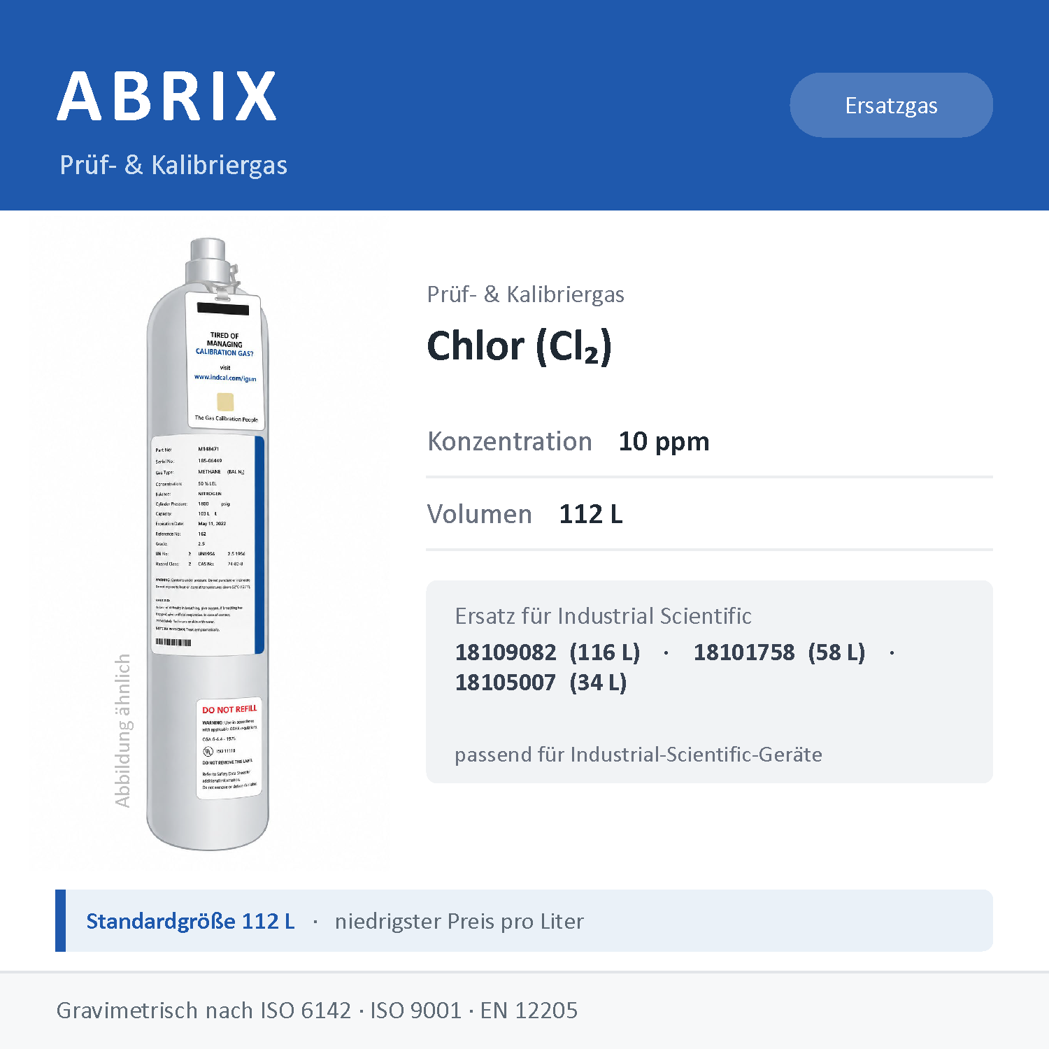 Prüfgas/Kalibriergas Chlor (Cl2), 112 L, geeignet für Industrial-Scientific-Geräte (10 ppm)