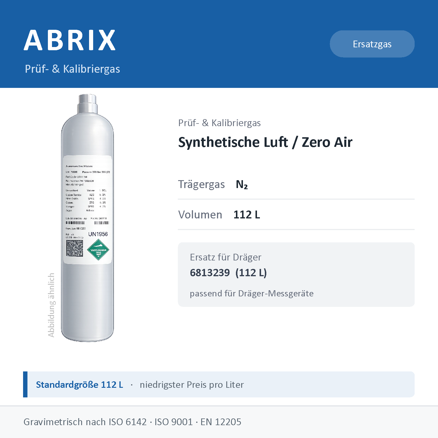 Prüfgas/Kalibriergas Synthetische Luft (Zero Air) in N2, 112 L, geeignet für Dräger Gaswarngeräte