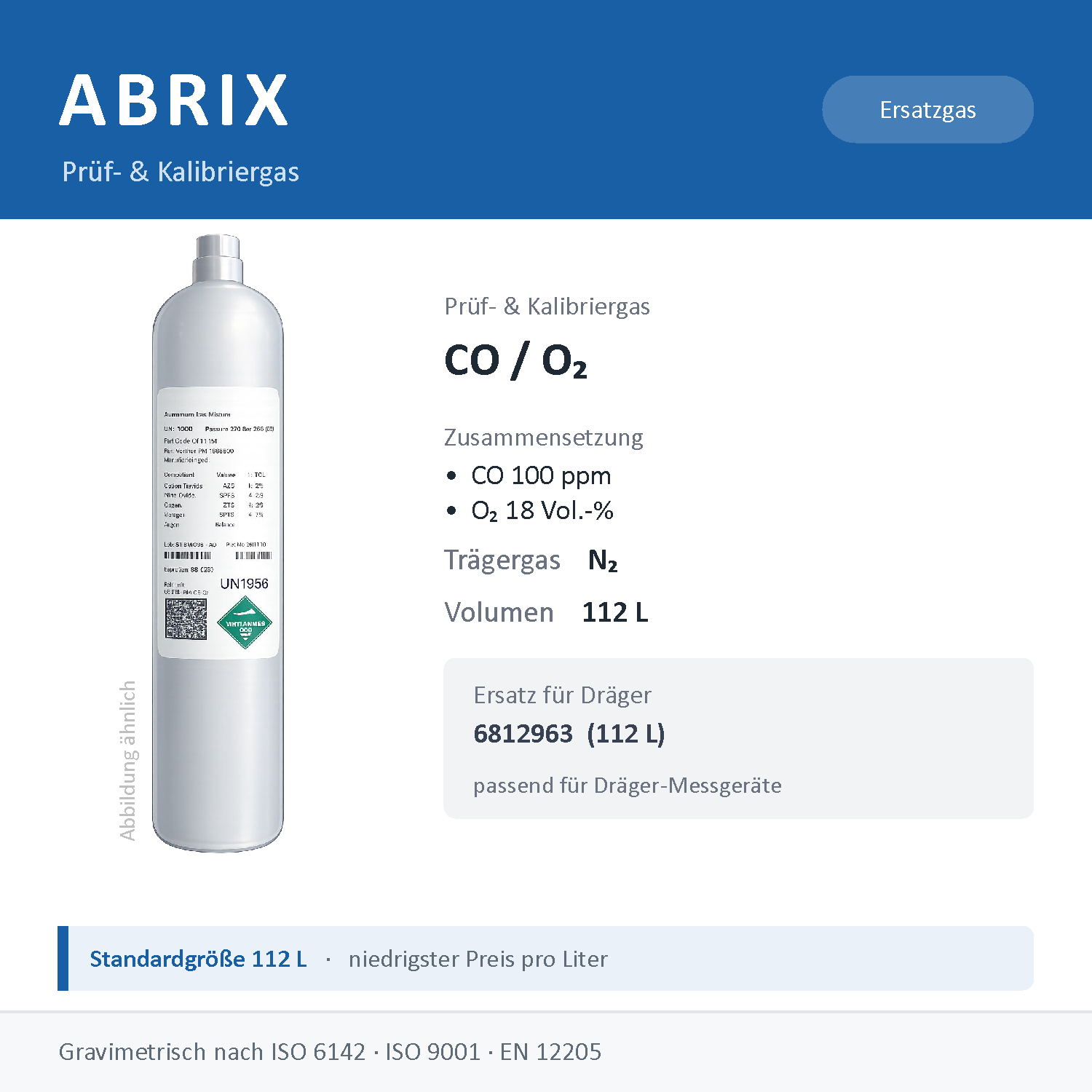 Prüfgas/Kalibriergas CO 100 ppm / O2 18 Vol.-% in N2, 112 L, geeignet für Dräger Gaswarngeräte