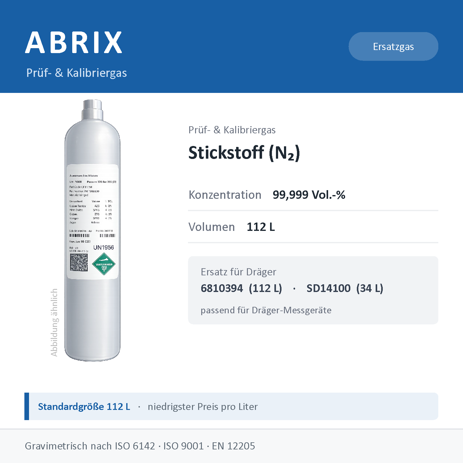 Prüfgas/Kalibriergas Stickstoff (N2) 99,999 Vol.-% in , 112 L, geeignet für Dräger Gaswarngeräte