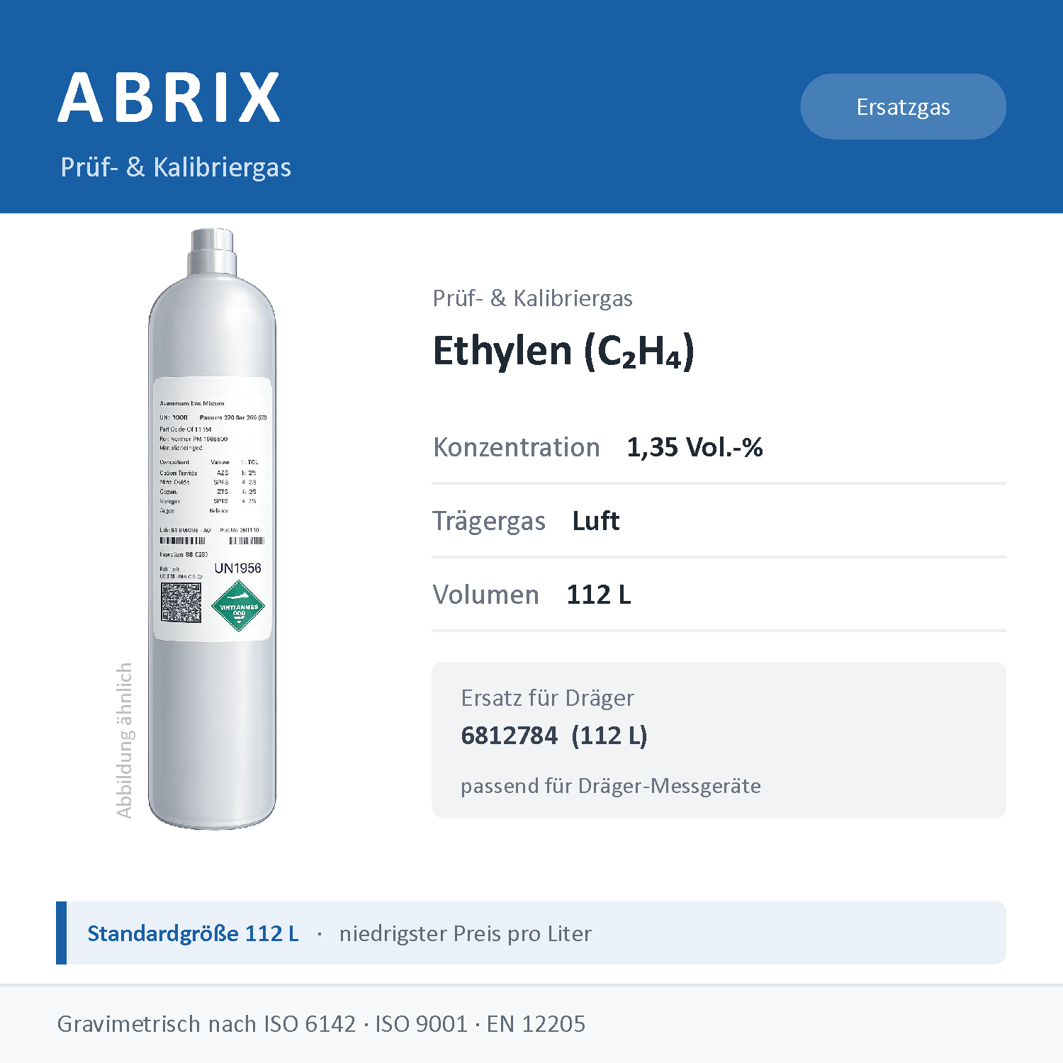 Prüfgas/Kalibriergas Ethylen (C2H4), 112 L, geeignet für Dräger Gaswarngeräte (1,35 Vol.-% in Luft)