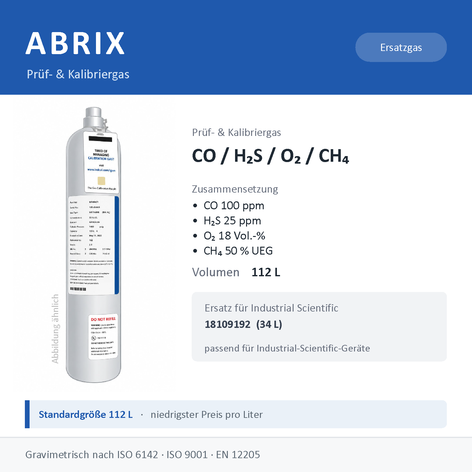 Prüfgas/Kalibriergas CO 100 ppm / H2S 25 ppm / O2 18 Vol.-% / CH4 50 % UEG, 112 L, geeignet für Industrial-Scientific-Geräte