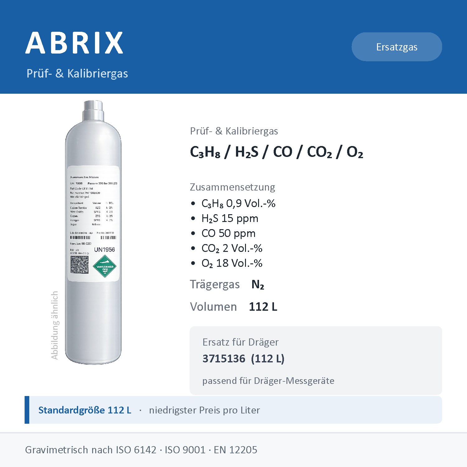 Prüfgas/Kalibriergas C3H8 0,9 Vol.-% / H2S 15 ppm / CO 50 ppm / CO2 2 Vol.-% / O2 18 Vol.-% in N2, 112 L, geeignet für Dräger Gaswarngeräte