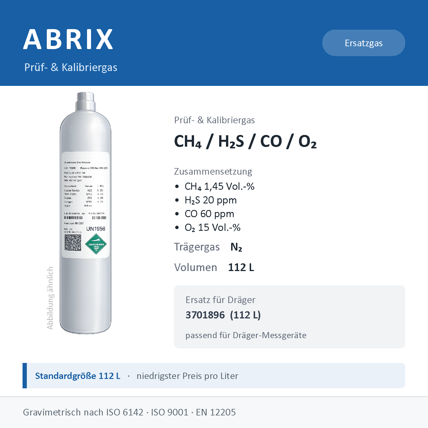 Prüfgas/Kalibriergas CH4 1,45 Vol.-% / H2S 20 ppm / CO 60 ppm / O2 15 Vol.-% in N2, 112 L, geeignet für Dräger Gaswarngeräte
