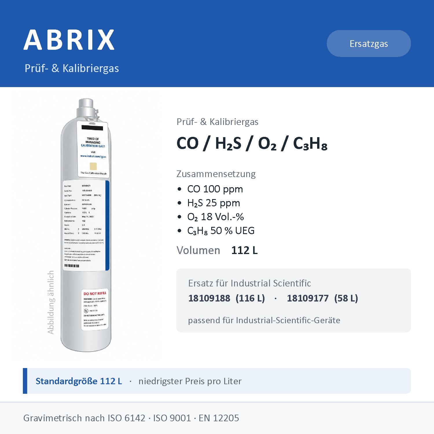 Prüfgas/Kalibriergas CO 100 ppm / H2S 25 ppm / O2 18 Vol.-% / C3H8 50 % UEG, 112 L, geeignet für Industrial-Scientific-Geräte