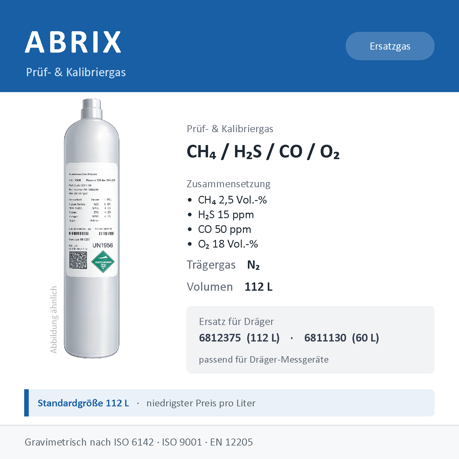 Prüfgas/Kalibriergas CH4 2,5 Vol.-% / H2S 15 ppm / CO 50 ppm / O2 18 Vol.-% in N2, 112 L, geeignet für Dräger Gaswarngeräte