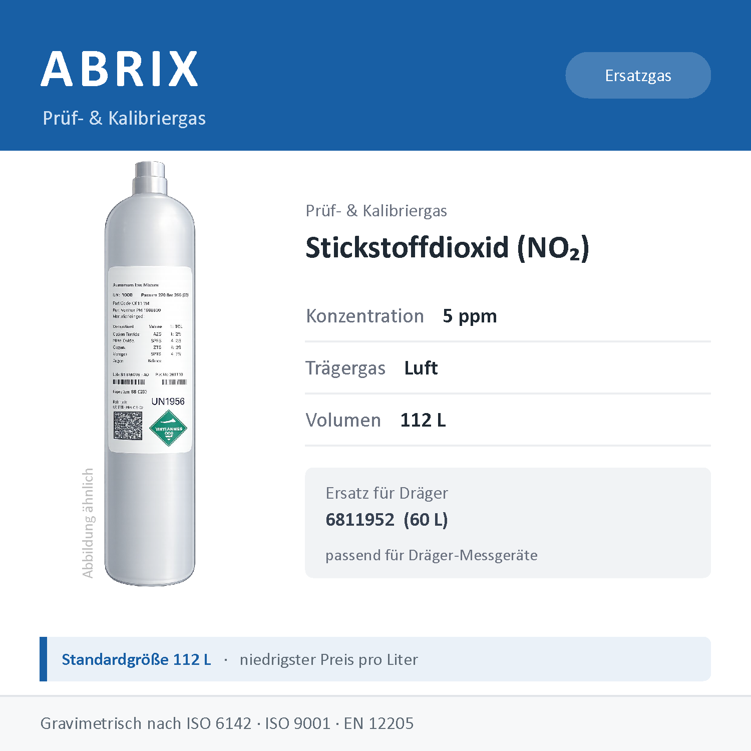 Prüfgas/Kalibriergas Stickstoffdioxid (NO2) in Luft, 112 L, geeignet für Dräger Gaswarngeräte (5 ppm)