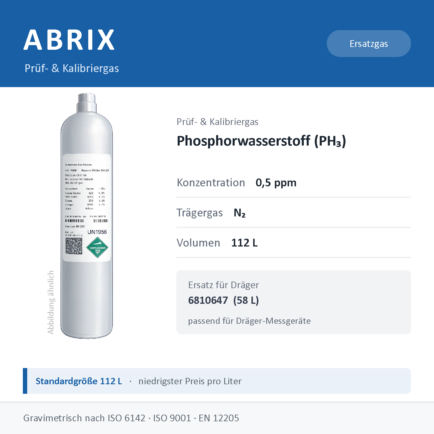 Prüfgas/Kalibriergas Phosphorwasserstoff (PH3) in N2, 112 L, geeignet für Dräger Gaswarngeräte (0,5 ppm)