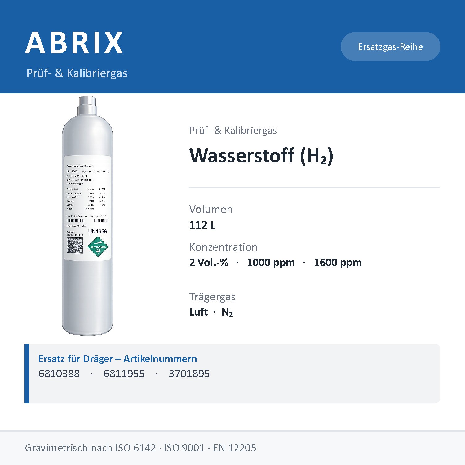 Prüfgas/Kalibriergas Wasserstoff (H2), 112 L, geeignet für Dräger Gaswarngeräte