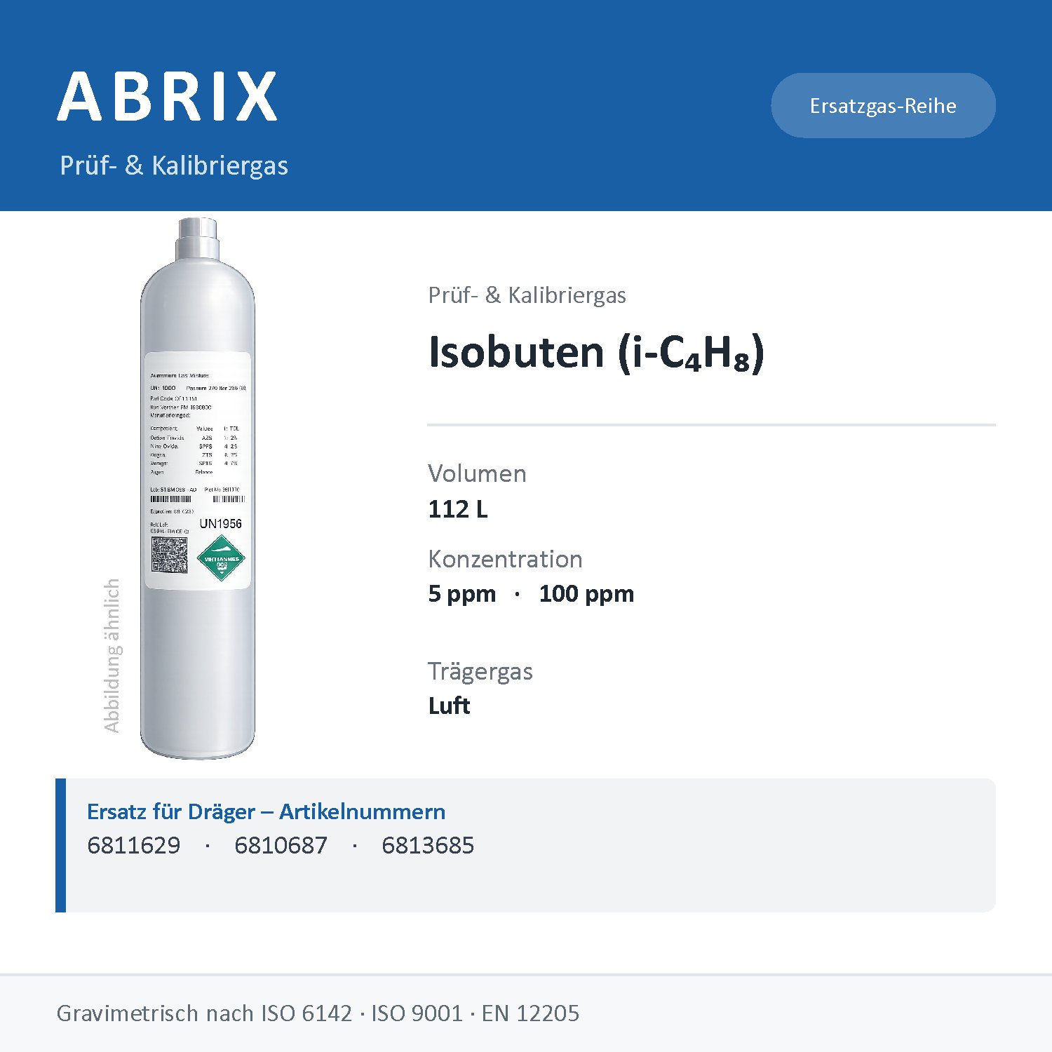 Prüfgas/Kalibriergas Isobuten (i-C4H8) in Luft, 112 L, geeignet für Dräger Gaswarngeräte