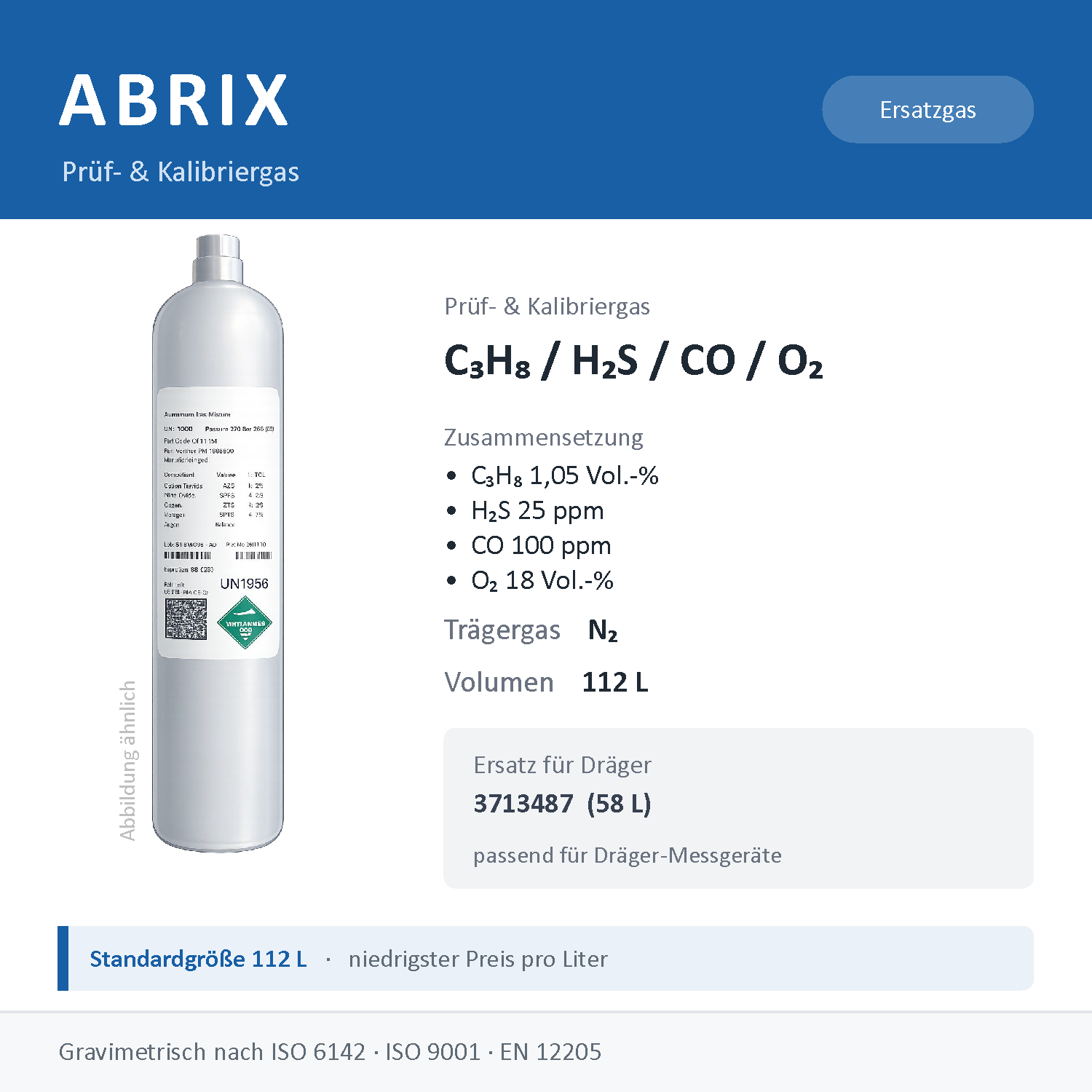 Prüfgas/Kalibriergas C3H8 1,05 Vol.-% / H2S 25 ppm / CO 100 ppm / O2 18 Vol.-% in N2, 112 L, geeignet für Dräger Gaswarngeräte
